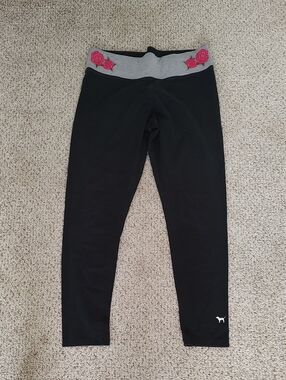 PINK Victoria's Secret Black Leggings with Gray Waistband and Pink Rose Accents